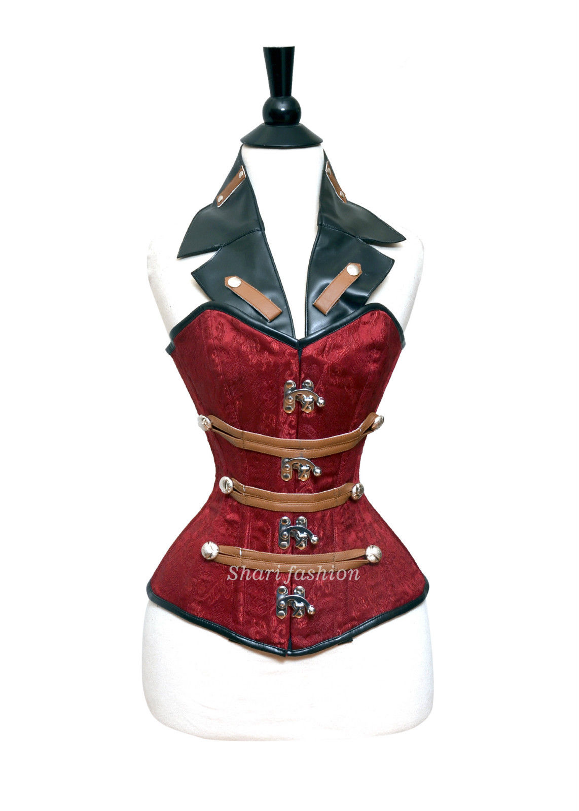 Red Brocade Leather Overbust Corset