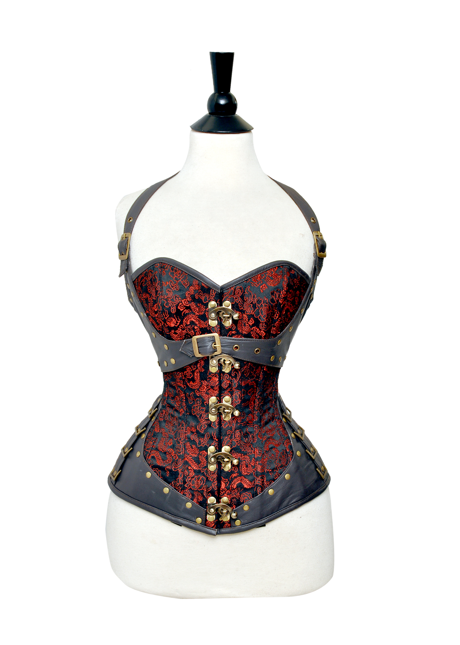 Red Brocade/Faux Leather Overbust corset w/ Halter Strap